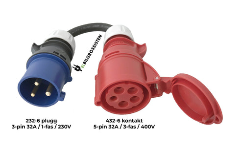 Ladekabel adapter — 32A/1-fas blå CEE støpsel (232-6) til 32A/3-fas rød CEE industrikontakt (432-6)